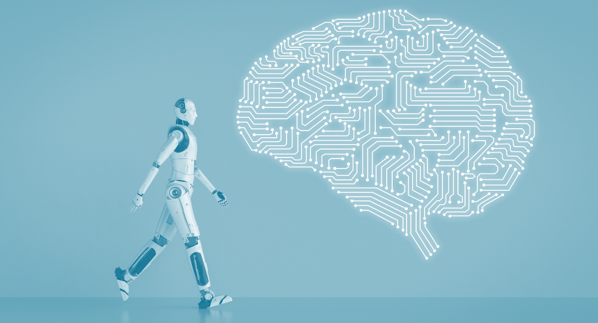 Brain and AI circuit merging, representing human and artificial learning paths
