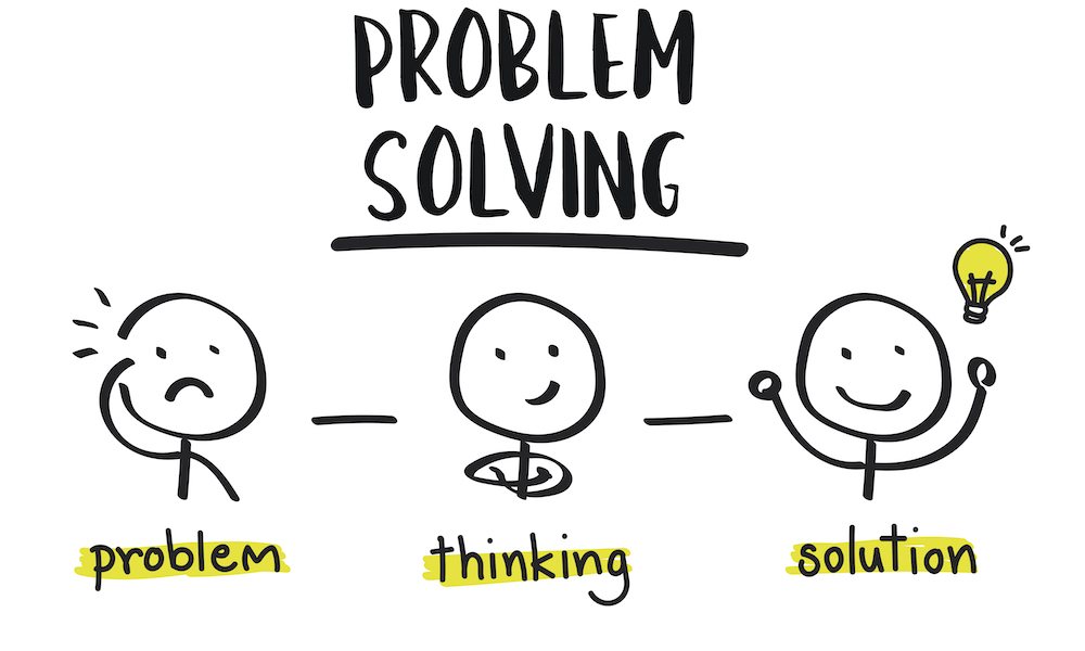 Illustration of the problem-solving process with three stick figure characters.