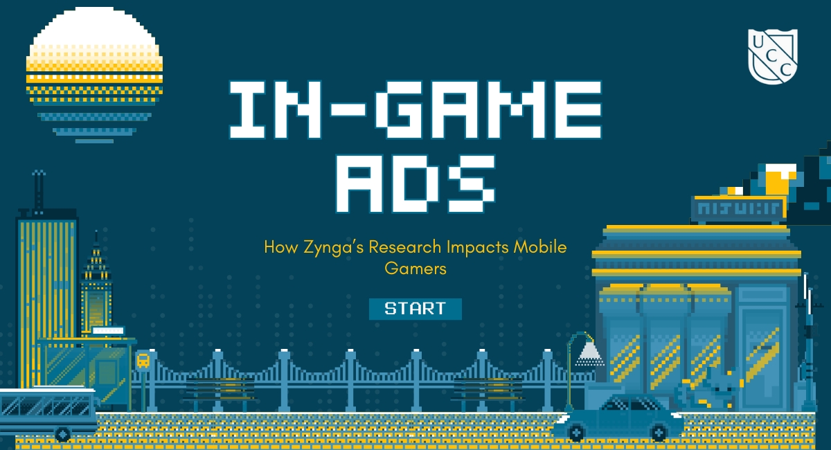 Pixel art city scene with “In-Game Ads” “How Zynga’s Research Impacts Mobile Gamers”