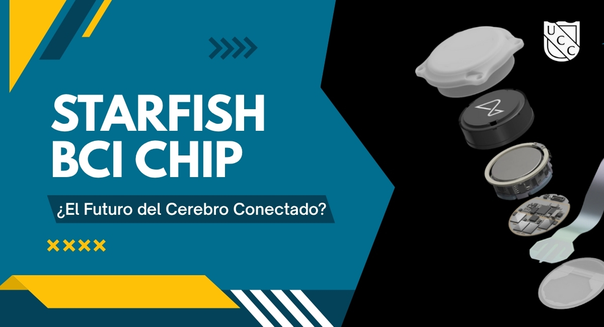 Diseño visual del chip cerebral BCI de Starfish Neuroscience junto a título del blog de UCC sobre el futuro de las interfaces cerebro-computadora.
