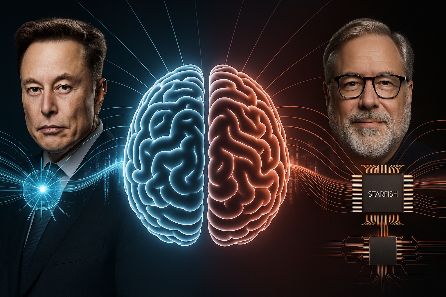 Comparativa visual entre Gabe Newell y Elon Musk frente a un cerebro conectado, simbolizando la competencia entre los chips BCI de Starfish y Neuralink.