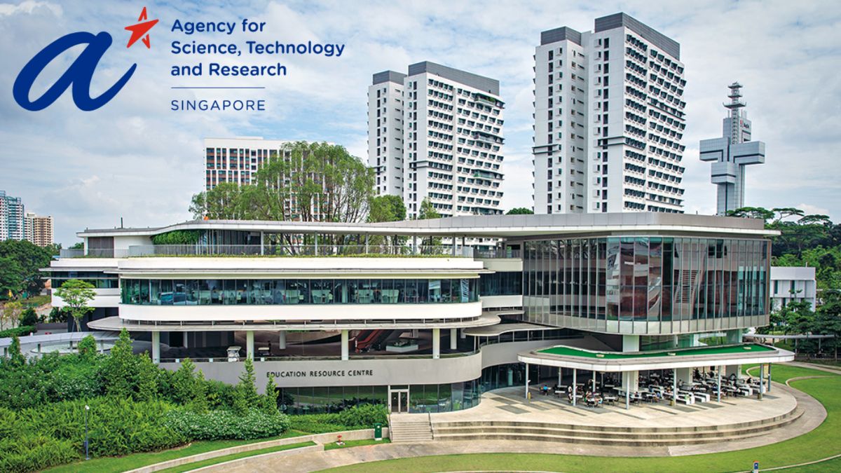 Vista exterior del Education Resource Centre de A*STAR en Singapur, rodeado de edificios residenciales modernos.